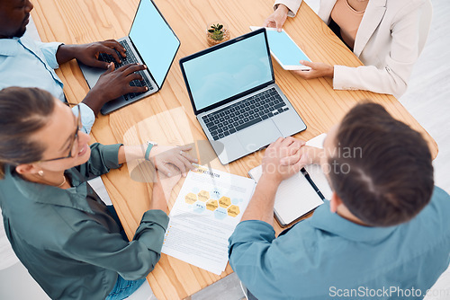 Image of Laptop screen, mock up and business people in marketing, budget and finance meeting for strategy, planning and web design innovation. Corporate team on notebook and green screen for advertising above