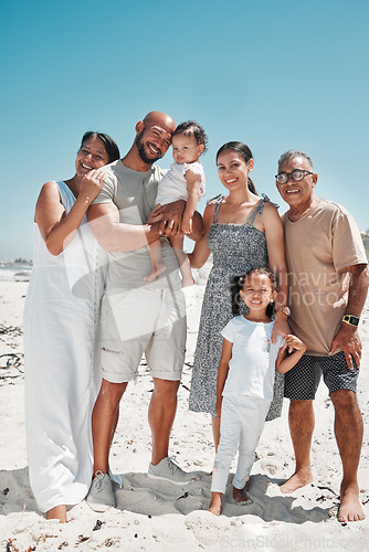 Image of Big family, portrait and smile on beach holiday, vacation or Mexico summer trip. Generations, parents and children on sandy, sea or ocean shore having fun, bonding and spending quality time together.