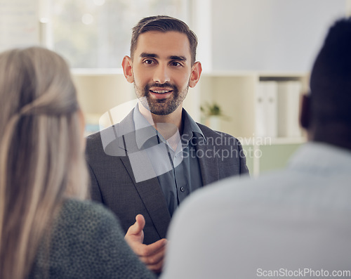 Image of Businessman, mentor and speaker in teamwork meeting, global collaboration and strategy planning in corporate office. Talking leader, worker and employee with company marketing ideas, target and goals