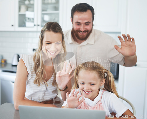Image of Happy family, wave and video call on laptop in kitchen with friends online using 5g internet communication. Smiling mom, dad and excited child, fun virtual zoom conversation and relax together