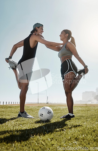 Image of Exercise, man and woman doing soccer, stretching for game and being healthy on field for wellness, workout and fitness together. Male, female and athlete doing training for health and football