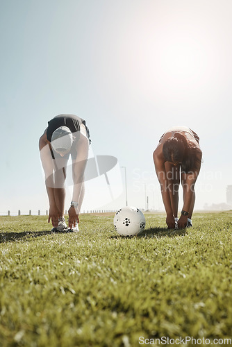 Image of Soccer, stretch and fitness workout people ready for football, training and game sports. Friends stretching for healthy joints exercise with motivation and athlete cardio in the summer sun and grass