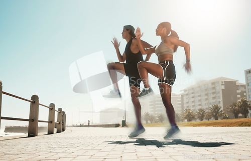 Image of City fitness, woman or man jumping in cardio exercise, workout or training for hearth health, speed or coordination. Sports people, runner friends or couple and energy in high knees wellness warm up