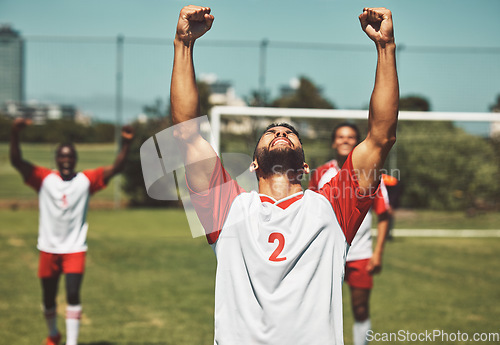 Image of Soccer, football or team sports for winner, celebration or winning team after scoring goal in match, game or champion. Diverse group of fitness, success and athletic men, man or excited friends