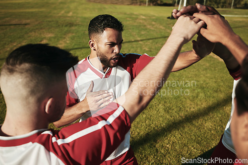 Image of Team, men and soccer athlete hands to show sport community, support and success. Fitness, football and exercise training proud, motivation and hand sign of friends and players ready for teamwork