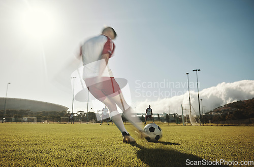 Image of Soccer, sports game and team training workout for South Africa football competition on sport field outdoors. Young athlete fitness players, healthy teamwork and goal score practice with ball