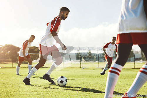 Image of Team sports game, soccer and teamwork of men busy with football collaboration and workout. Fitness, training and healthy exercise of a healthy athlete ground with fast energy running with a ball