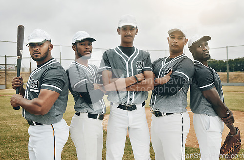 Image of Baseball, team and sports men portrait on a baseball field for training practice, workout or fitness exercise outdoors. Group of athlete players ready to play a game or match in a Chicago stadium