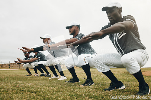 Image of Team, stretching and baseball players for game, exercise and baseball in sportswear on field. Workout, squat and group for match prepare, wellness and fitness being being focus on baseball field