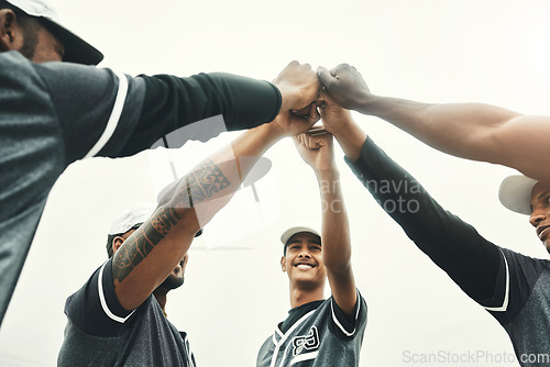 Image of Hands, team and baseball for sport motivation to win, achieve and unite together for the game outdoors. Hand of sports group of baseball player in teamwork, unity and trust in support for win or goal