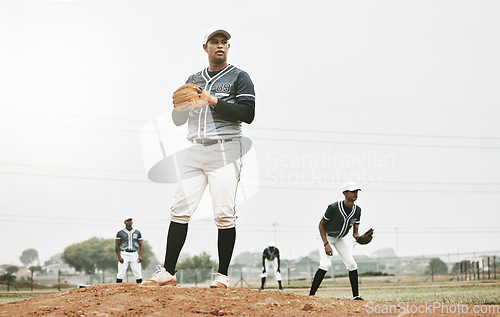 Image of Sports, baseball and team on field training for game, match or competition. Fitness, exercise and male athlete group, workout or exercise on grass pitch outdoors with pitcher ready to throw ball.