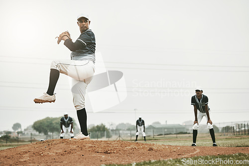 Image of Baseball, pitch and outdoor sports teamwork game with a man team player from Mexico. Pitcher busy with athlete exercise, fitness training and cardio match baseball field workout with a fast ball