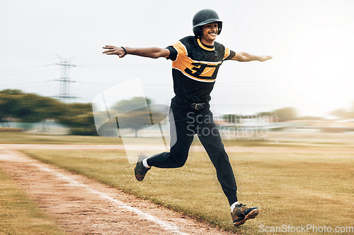 Image of Baseball, man and running celebration on baseball field after scoring homerun. Exercise, fitness and winning baseball player from India celebrating success on grass field after training match.