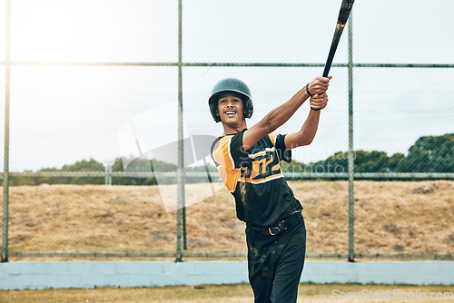 Image of Baseball batter, baseball and man with bat on field at training, game or competition match. Sports, exercise and young male from India with baseball bat for fitness workout outdoors on grass field.