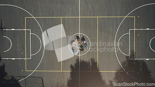 Image of Top view, basketball court or men in training break circle for game strategy, college match planning or target goal collaboration. Basketball players, sports team or community fitness in workout rest