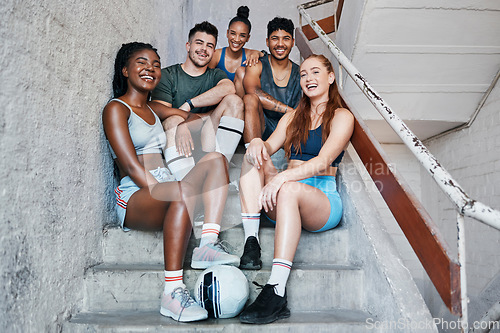 Image of Soccer, sports and team of friends on steps after fitness training, having fun and cardio exercise together. Diversity, healthy and happy athletes on staircase ready for a football game or workout