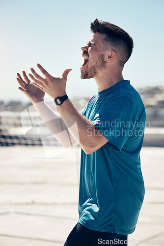 Image of Hands, angry man and screaming in fitness, training and exercise after sports game or match loss. Stress, frustrated and shouting sports person with burnout mistake, wellness crisis and workout fail