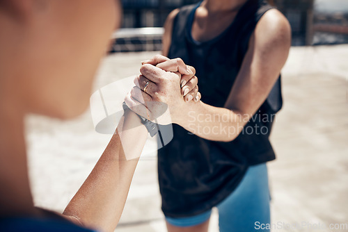 Image of Sports handshake, rival challenge and power for city fitness, outdoor competition game or exercise battle. Closeup athlete arm fist support, trust and collaboration, teamwork and training partnership