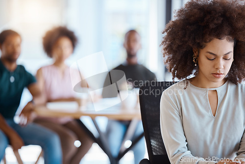 Image of Workplace bullying, anxiety and gossip of businesswoman with depression, mental health and sad victim exclusion by employees in company office. Lonely, depressed and harassment worker discrimination