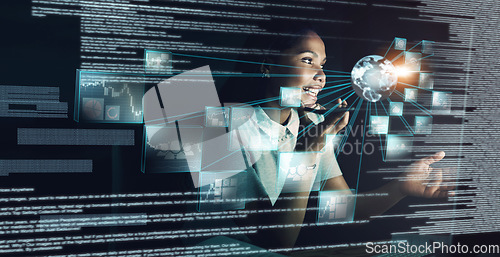 Image of Woman, futuristic technology and phone networking with big data for global communication at night. Female employee developer at work on digital transformation, cyber security and fintech overlay