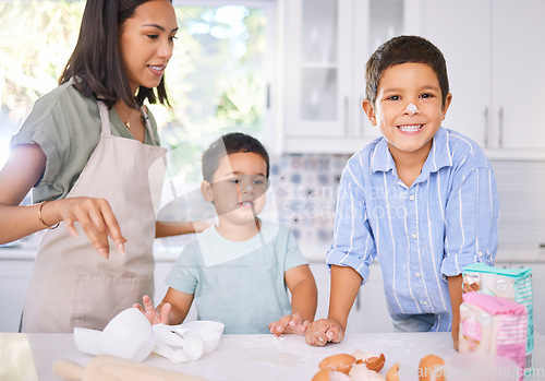 Image of Cooking, help and mother with children in kitchen for learning, breakfast or creative child development. Baking, family and happy with mom and kids with flour on nose for cake, chef and food together