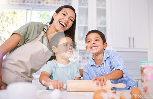 Image of cooking, happy and mother with children in kitchen for food, family and learning with rolling pin. baking, help and creative with kids chef and mom at home for health, breakfast or love together