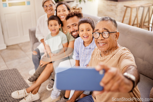 Image of Grandparents, children and phone selfie while bonding on sofa in house or home living room with social media technology. Smile, happy and mobile photography for kids, parents and seniors grandparents