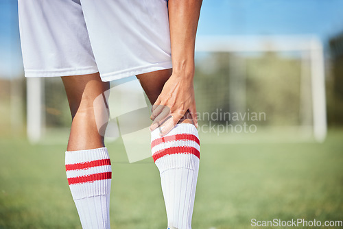 Image of Sports, soccer player and man with knee injury, torn muscle or strain after game, competition or fitness practice. Exercise, grass pitch workout or football training accident for athlete legs in pain