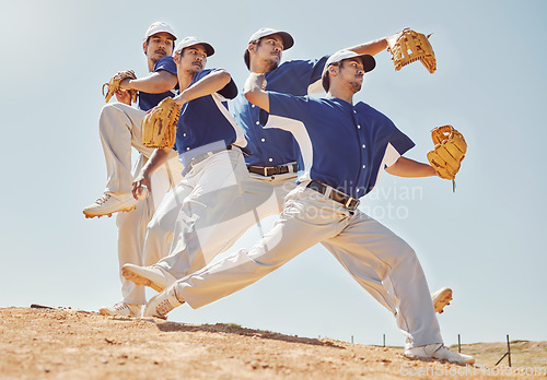 Image of Men pitcher, baseball and athletes training for a sports game together on an outdoor field. Fitness, workout and friends practicing to pitch or throw a ball with a glove for a workout or exercise.