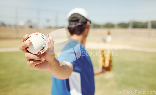 Image of Baseball, pitcher training and baseball player workout on field outdoors. Athlete man fitness motivation, professional sports health and wellness exercise with ball or getting ready for softball game