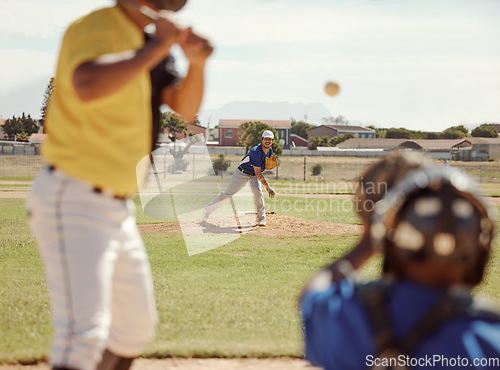 Image of Baseball, bat and man ready for a fast ball on a baseball field in a training match or game outdoors in Houston. Softball, fitness and sports athlete pitcher pitching with speed in a team performance