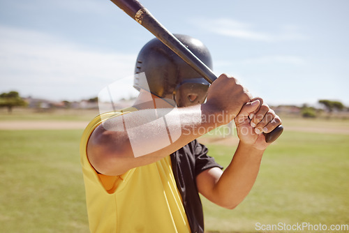 Image of Baseball, training and baseball player hold bat for fitness workout holding bat on field outdoor. Athlete batter man, professional sports and pitch for health and wellness exercise for softball game