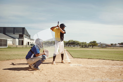 Image of Baseball player, baseball team and man with bat on baseball field ready for training game, competition or match. Fitness, teamwork and baseball batter with team for sports workout outdoors on pitch.