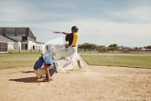 Image of Baseball batter, baseball team and man with bat on field at competition, training game or match. Exercise, fitness and baseball players with baseball glove for sports workout outdoors on grass field.