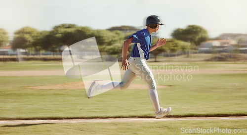 Image of Baseball, sports and man running on a field during a game, professional event or training. Fast, speed and athlete doing run while playing sport at ground, park or in nature for fitness and exercise