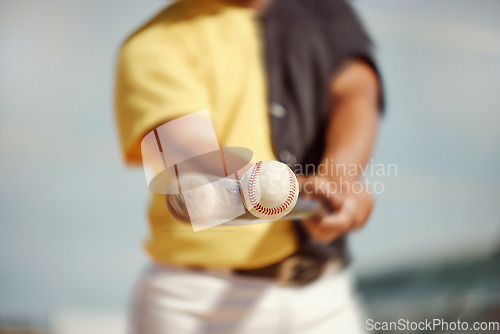 Image of Baseball, baseball player and black man hit ball on field in match, game or competition. Fitness, sports and closeup of baseball batter with baseball bat outdoors for training, workout or exercise.