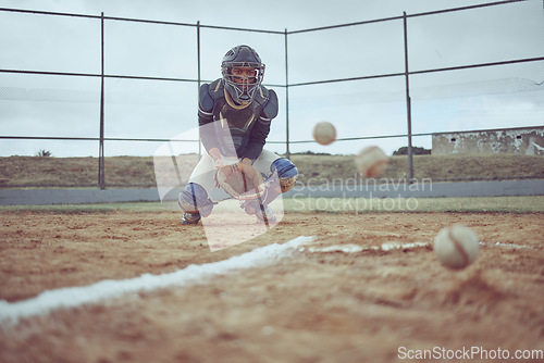 Image of Baseball, baseball player and ball catch on field during training, competition or match. Sports, fitness and man from India practicing with balls and glove outdoors on baseball field for exercise.