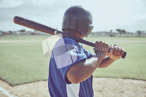 Image of Baseball, baseball batter and back view of black man on field ready to hit ball during match, game or competition. Sports, fitness and baseball player on grass field outdoor for training or exercise.