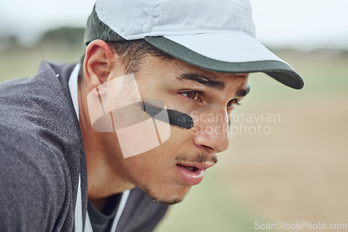 Image of Man, tired face and baseball player thinking of game or match strategy in fitness, workout or training on stadium pitch. Zoom, softball player or sports athlete on playing field exhausted or sweating