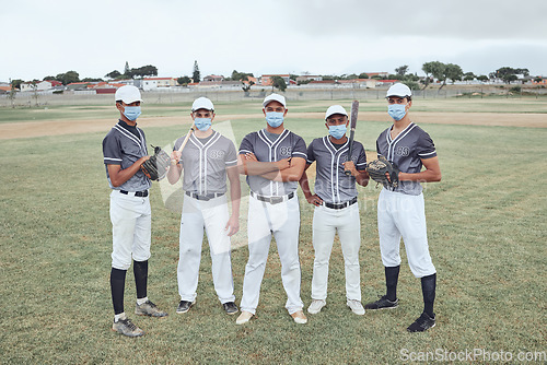 Image of Baseball, mask and team with covid safety on a grass field or sport pitch before a game, training or match outdoor. Men sports club or group with bat, glove and uniform with protection from covid 19