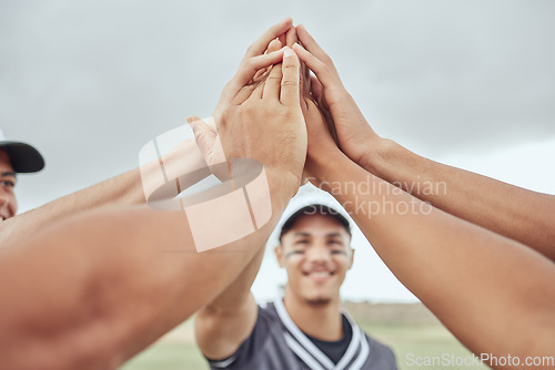 Image of Hands, high five and teamwork in baseball with team players getting ready for training, practice and game. Fitness, inspiration and motivation for sports athlete on baseball field together in support