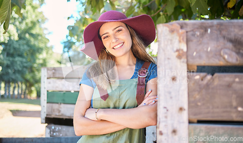 Image of Countryside, trees and farmer woman with sustainability, healthy and agriculture lifestyle in food production industry. Supplier, business owner or seller commercial portrait in apple farming harvest