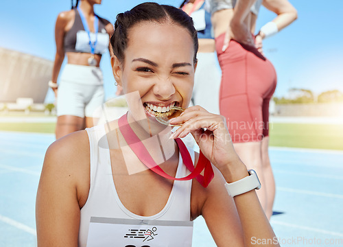 Image of Medal, winner and athlete woman at stadium outdoor with lens flare for competition success, achievement or motivation gen z portrait. Runner, gold award sports girl champion winning a running race