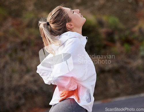Image of Woman, back pain and exercise, fitness injury and muscle ache, inflammation while training for sport outdoor. Runner, athlete and health, hurt and backache during run, cardio in road and healthcare.