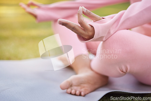 Image of Yoga, meditation and black woman for wellness, health and workout on yoga mat for fitness. Healthy female, girl or lady being calm, relax for mind or peaceful for training, lotus position or meditate