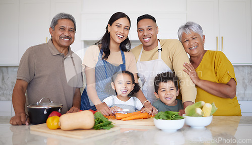 Image of Family, cooking and vegetable, learning and teaching, development and growth, generations together in home. Health, nutrition and kitchen, grandparents and parents, children and life skill portrait.