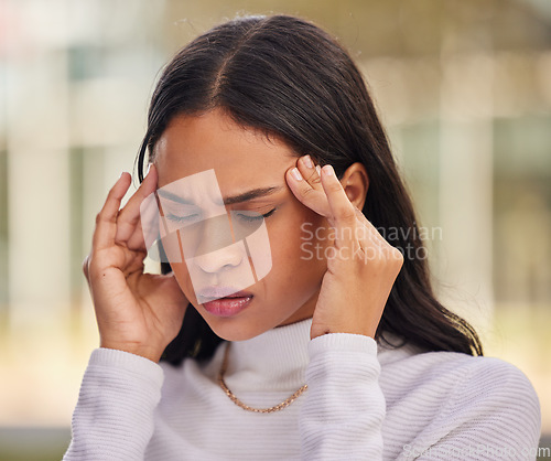 Image of Woman, face and stress headache in city from startup, creative company or small business fail. Face, mental health and anxiety business student with burnout from education, learning or study pressure