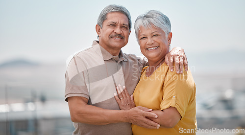 Image of Couple, happy and outdoor portrait of senior love on retirement vacation in a city bonding and hugging with smile and care. Happiness, support and elderly man and woman being romantic in Puerto Rico