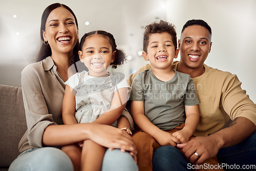 Image of Family, mother and father with kids for love and smile relaxing on living room sofa for quality bonding time at home. Portrait of happy mama, dad and children smiling in happiness for break together
