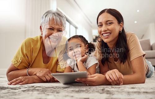 Image of Child, grandma and mother portrait with tablet on floor of living room for movie streaming. Happy family, love and smile of women bonding with digital app entertainment at home in Mexico.